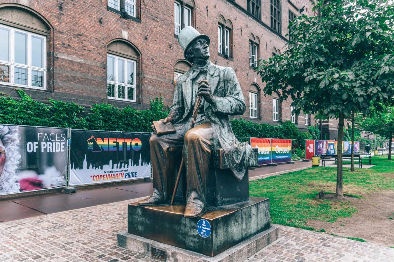 A statue of Hans Christian Andersen during Pride Festival in Copenhagen