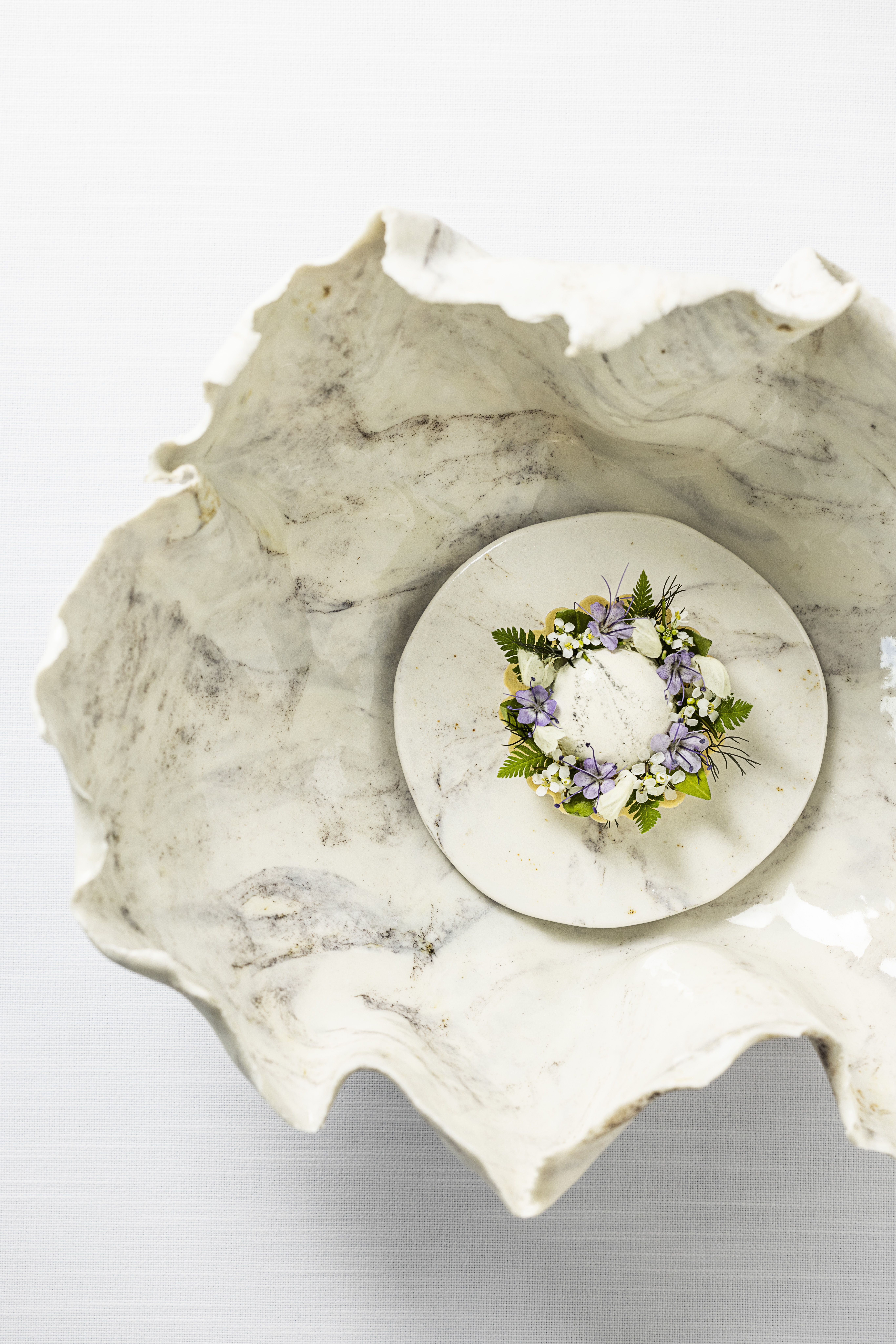 King crab tart with sake, mussels and a salad of wild flowers and herbs.jpg