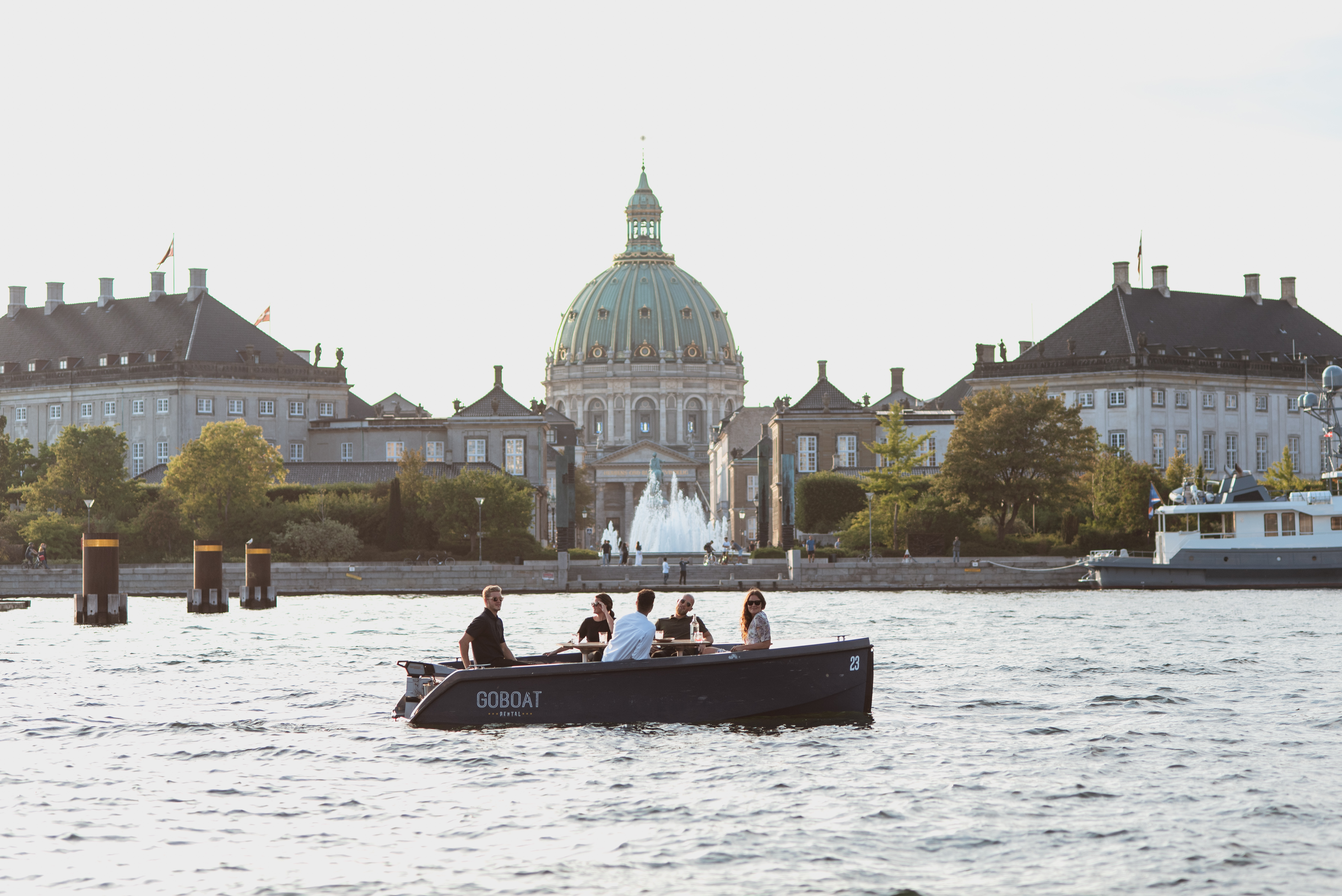 View from the water of Copenhagen waterfront with Amalienborg Palace in the background