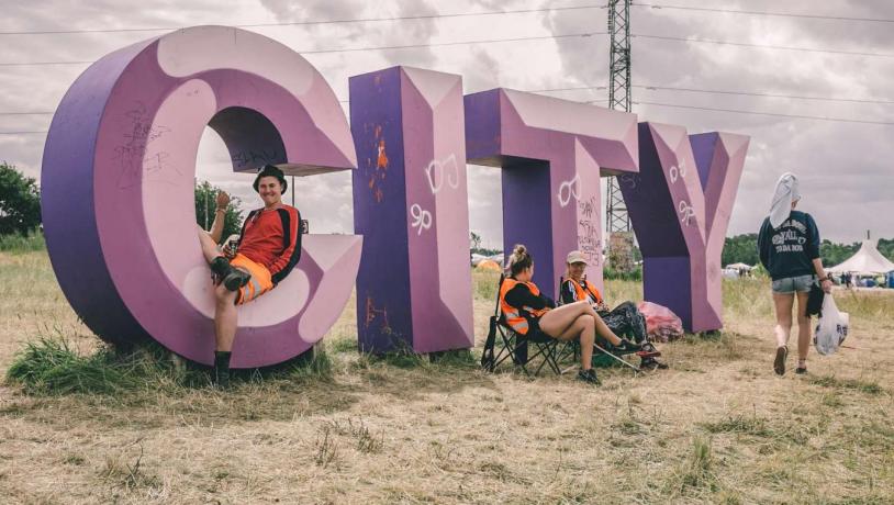 City sign at Roskilde Festival in Copenhagen