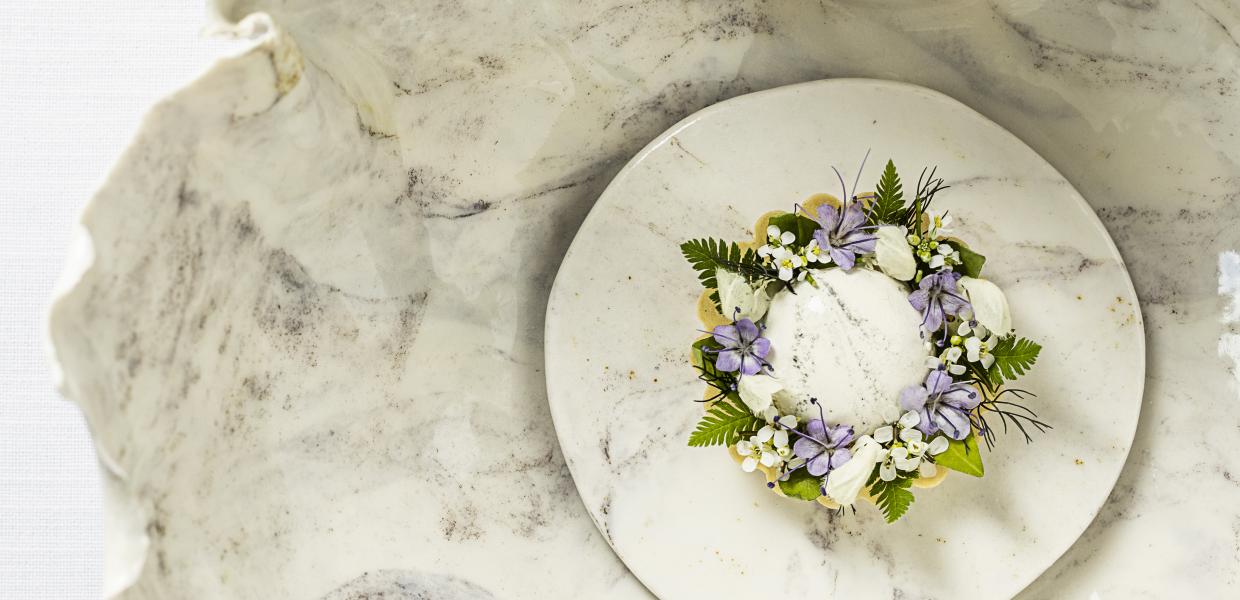 King crab tart with sake, mussels and a salad of wild flowers and herbs.jpg