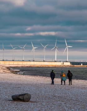 Wind Turbines and people walking on the shores of Copenhagen 