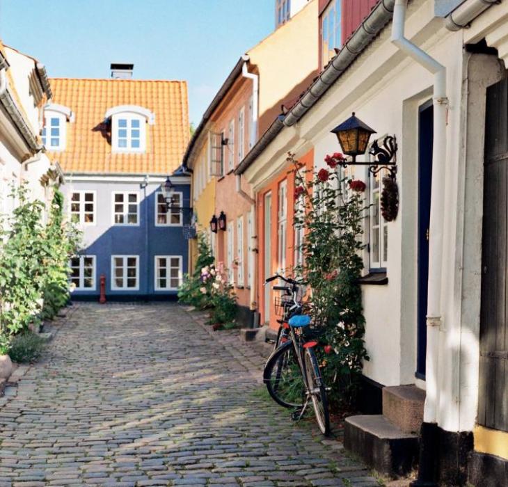 Coulourful houses on street in Aalborg, Denmark